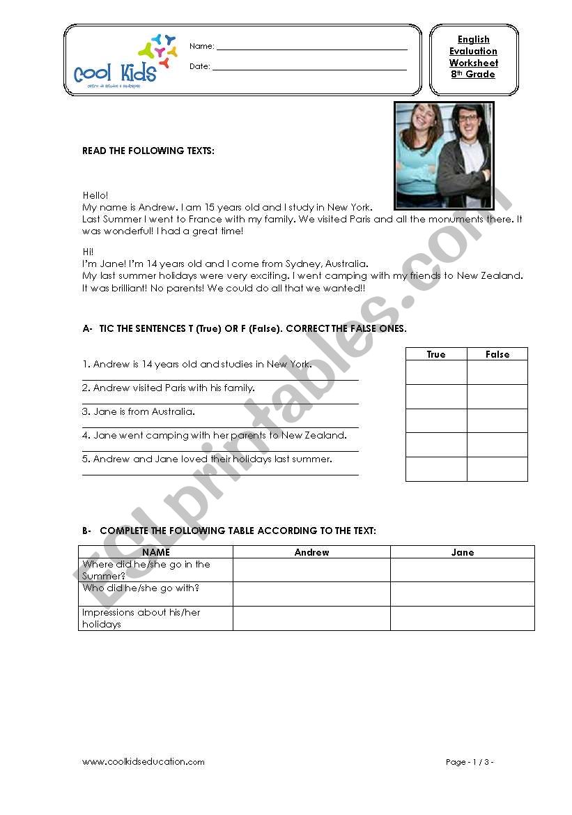 8th grade evaluation worksheet 