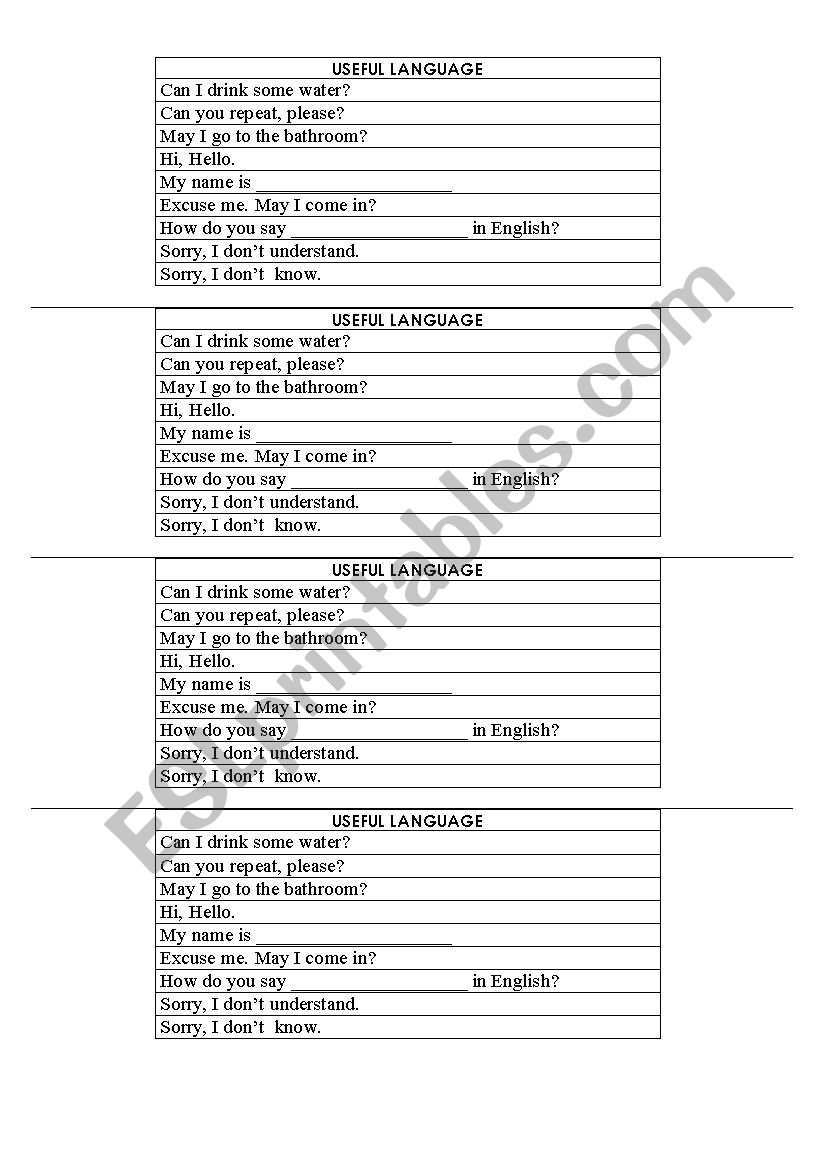 Card - Useful classroom language