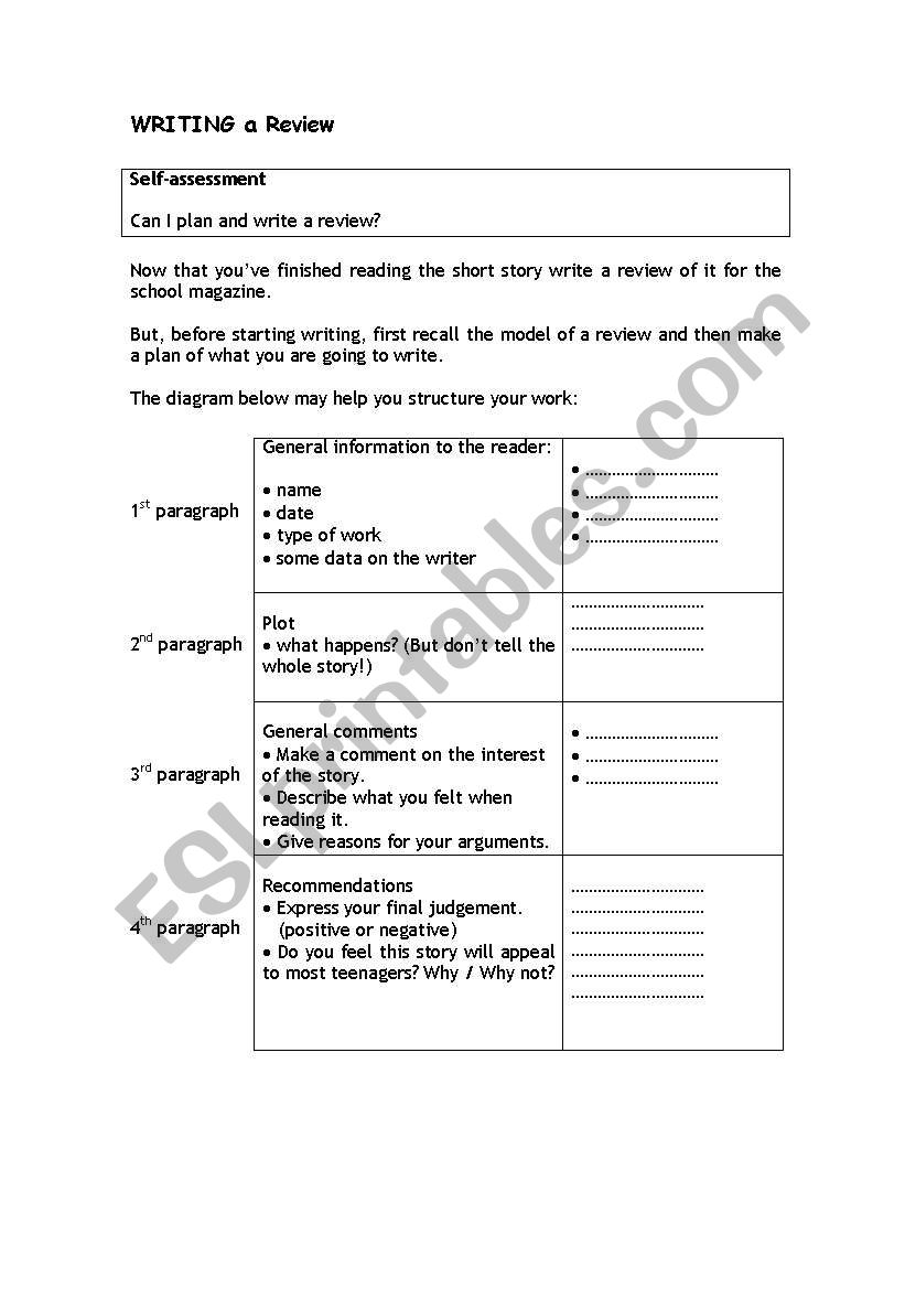 Writing a review on a short story - ESL worksheet by