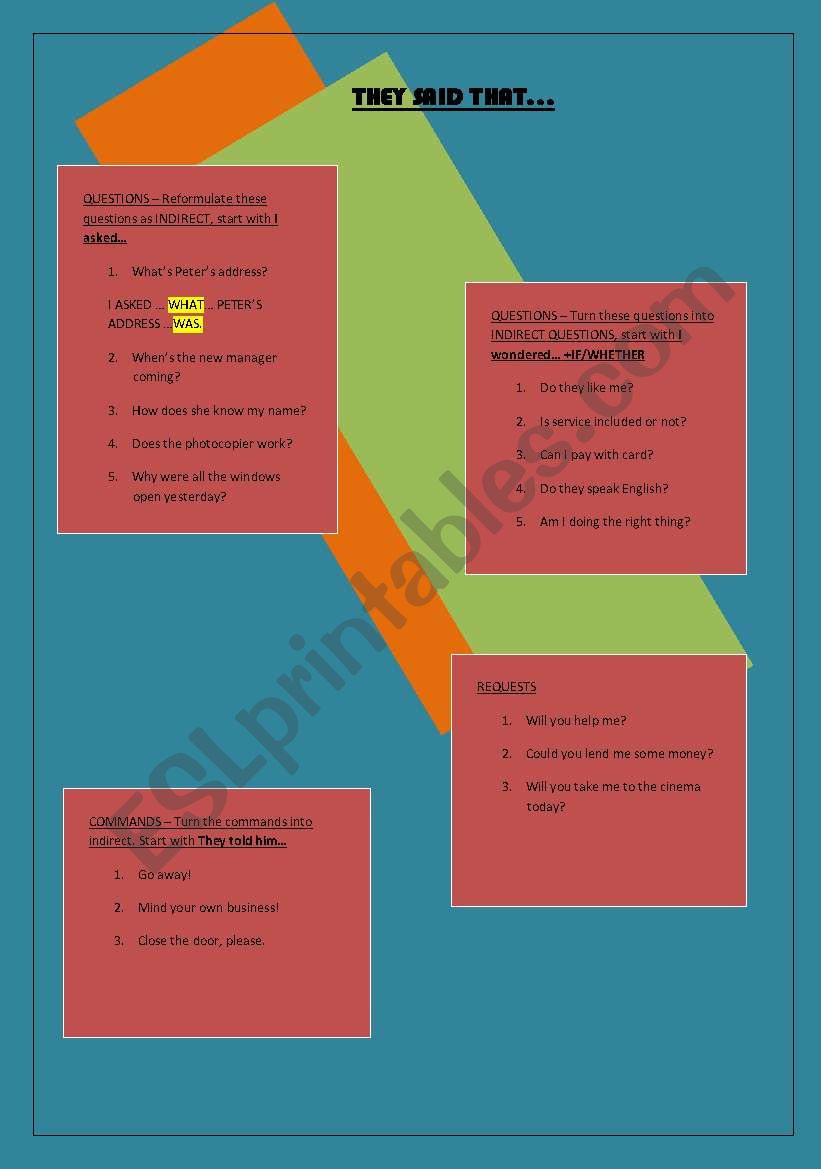Reported Speech practice worksheet