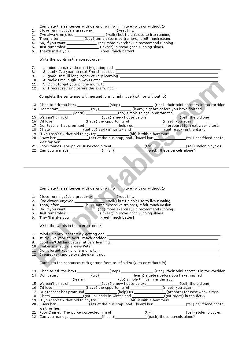 Gerund and infinitive - double exercise