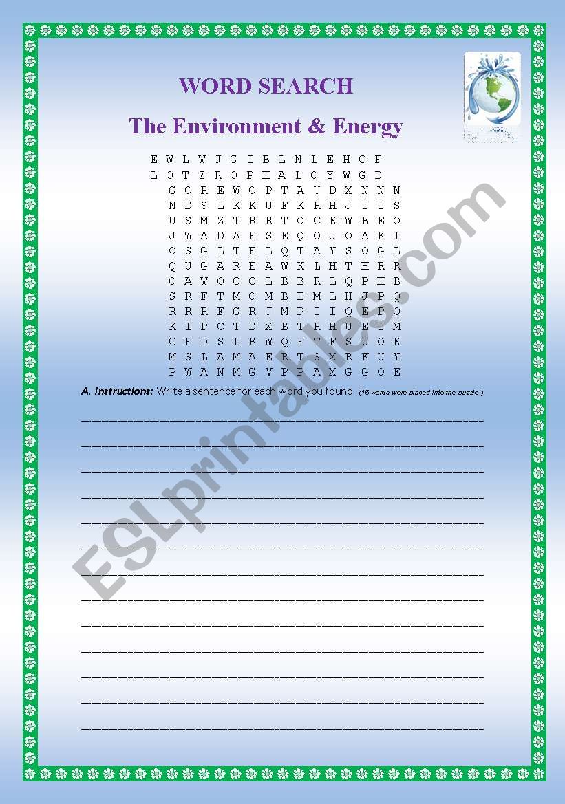 Word Search: The Environment and Energy  and solution. 