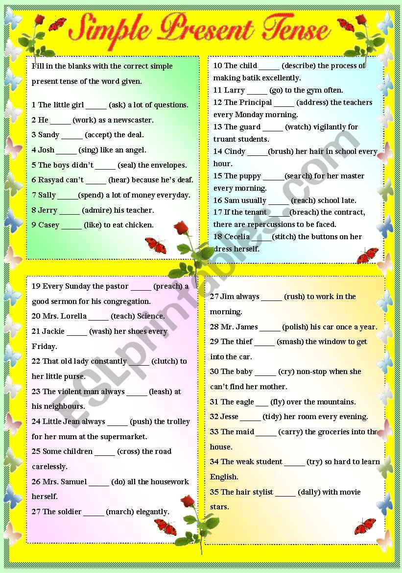 SIMPLE PRESENT TENSE - SENTENCE LEVEL - PART 1 (WITH B/W AND ANSWER KEY)