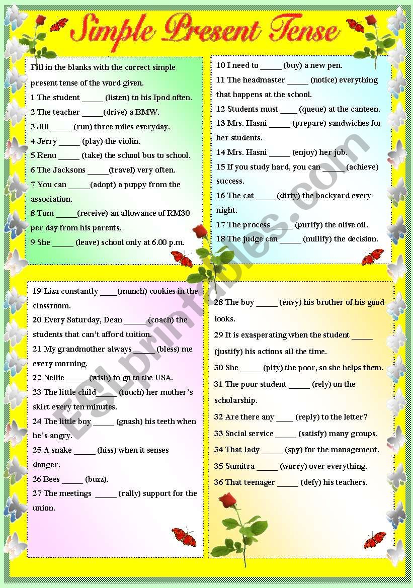 SIMPLE PRESENT TENSE - SENTENCE LEVEL - PART 2 (WITH B/W AND ANSWER KEY)