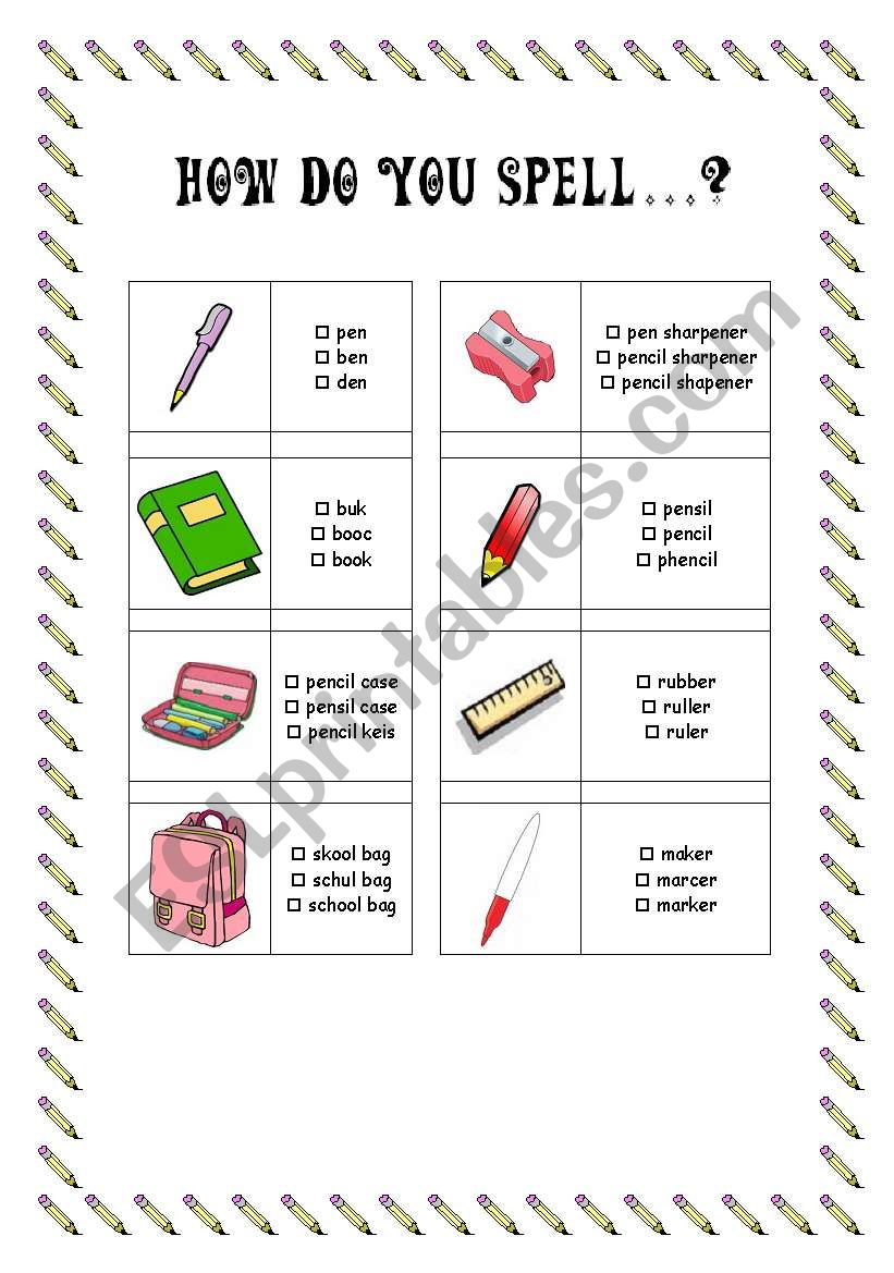 school objects - spelling worksheet