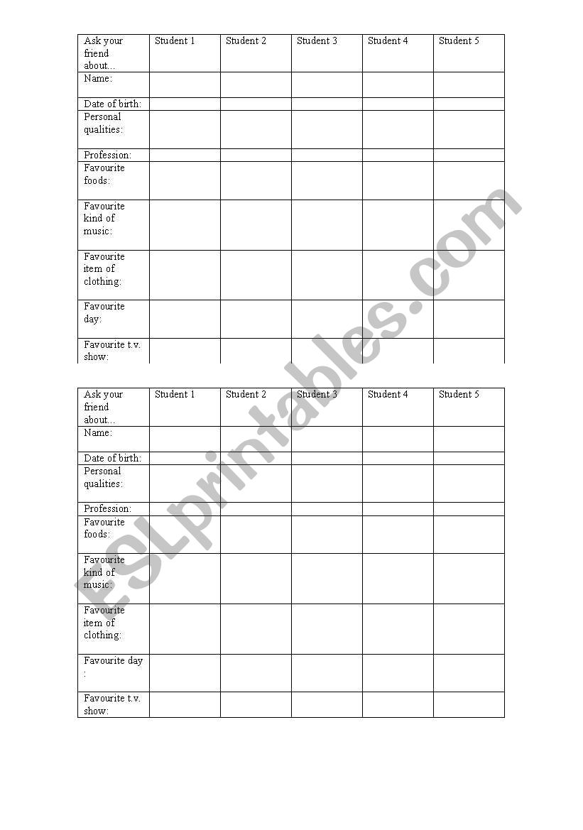 Getting to know worksheet