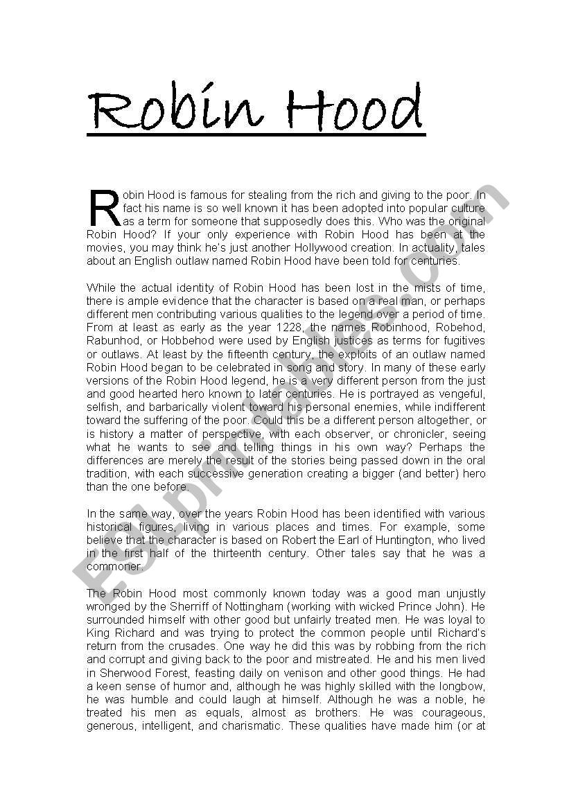 THE STORY OF ROBIN HOOD worksheet