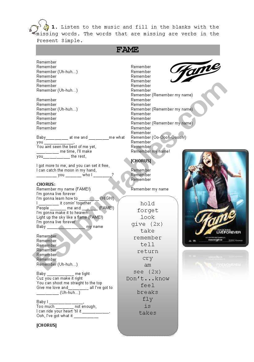 Fame - song worksheet