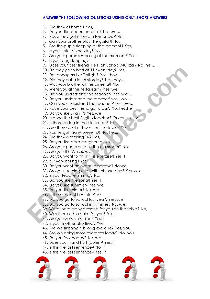 SHORT ANSWERS worksheet