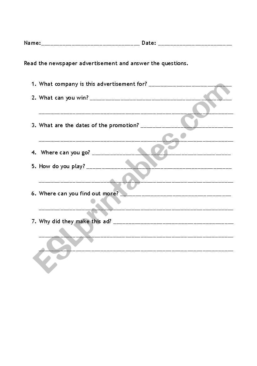 Advertising Questions worksheet