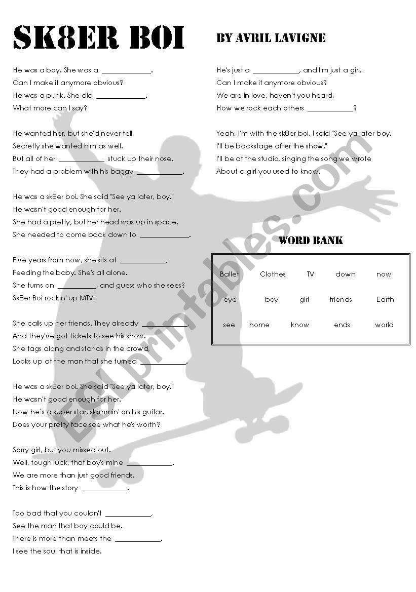 Avril Lavigne - Sk8er Boi Listening Activity