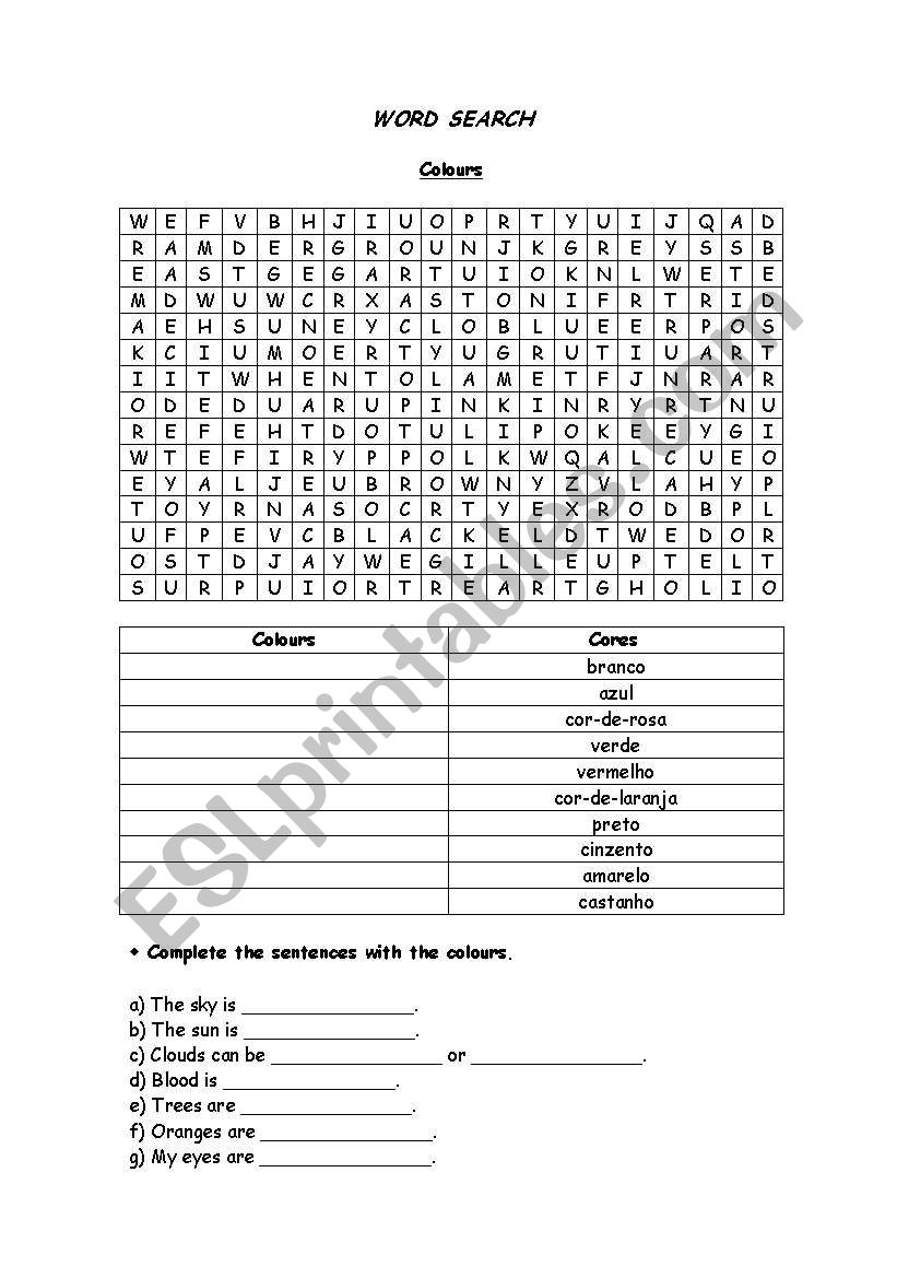 Colours - wordsearch worksheet