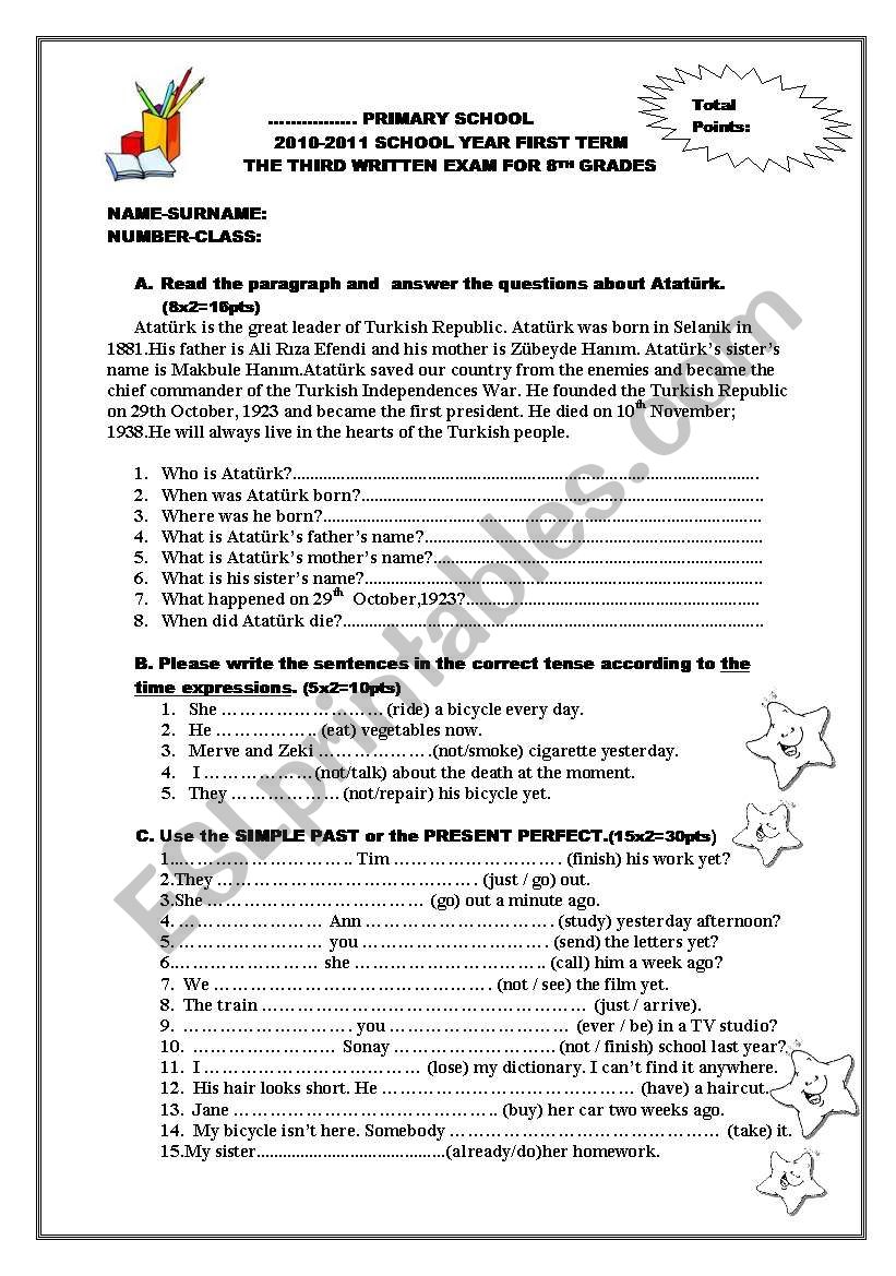 exam for 8 grade worksheet