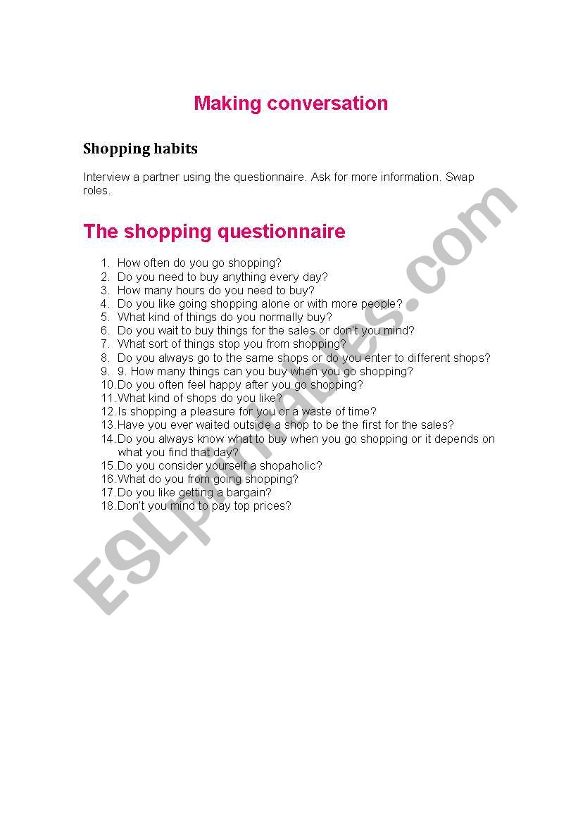The shopping questionnaire worksheet