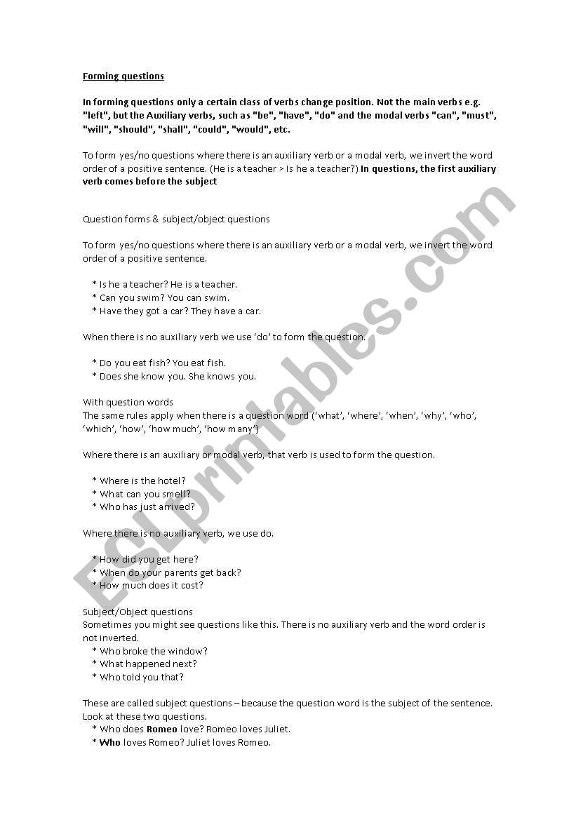 Forming questions worksheet