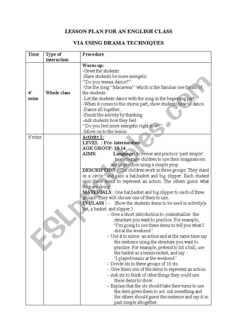 drama lesson plan worksheet