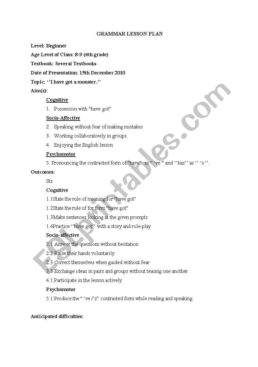 lesson plan (grammar have got/has got)