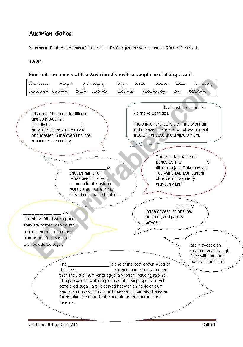 Famous Austrian dishes worksheet