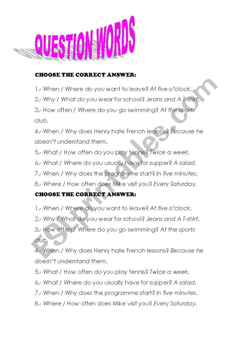 Question words worksheet