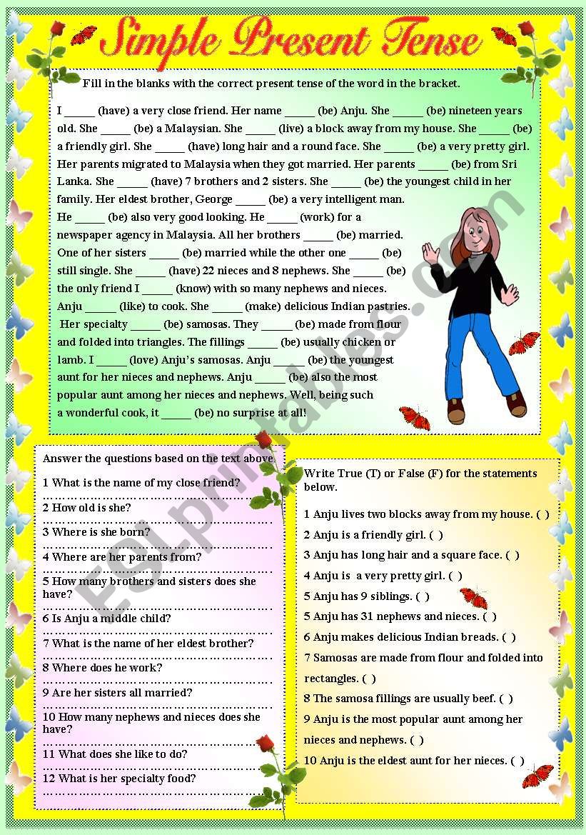 SIMPLE PRESENT TENSE - PARAGRAPH LEVEL (WITH B/W AND ANSWER KEY)