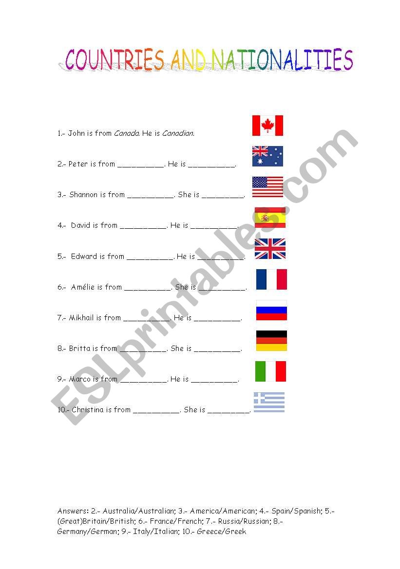 Countries and nationalities worksheet