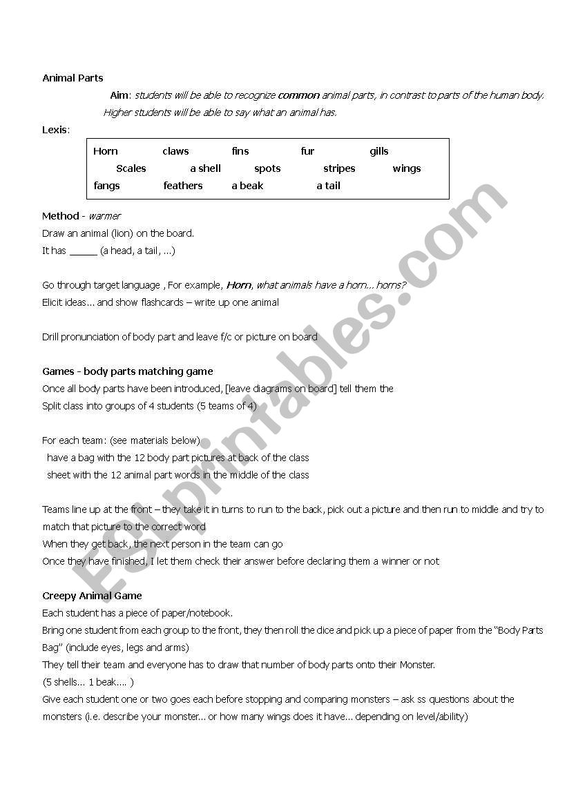 Animal parts worksheet