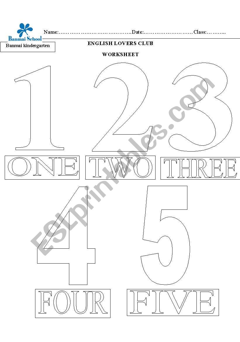 English worksheets: number 1 to 5