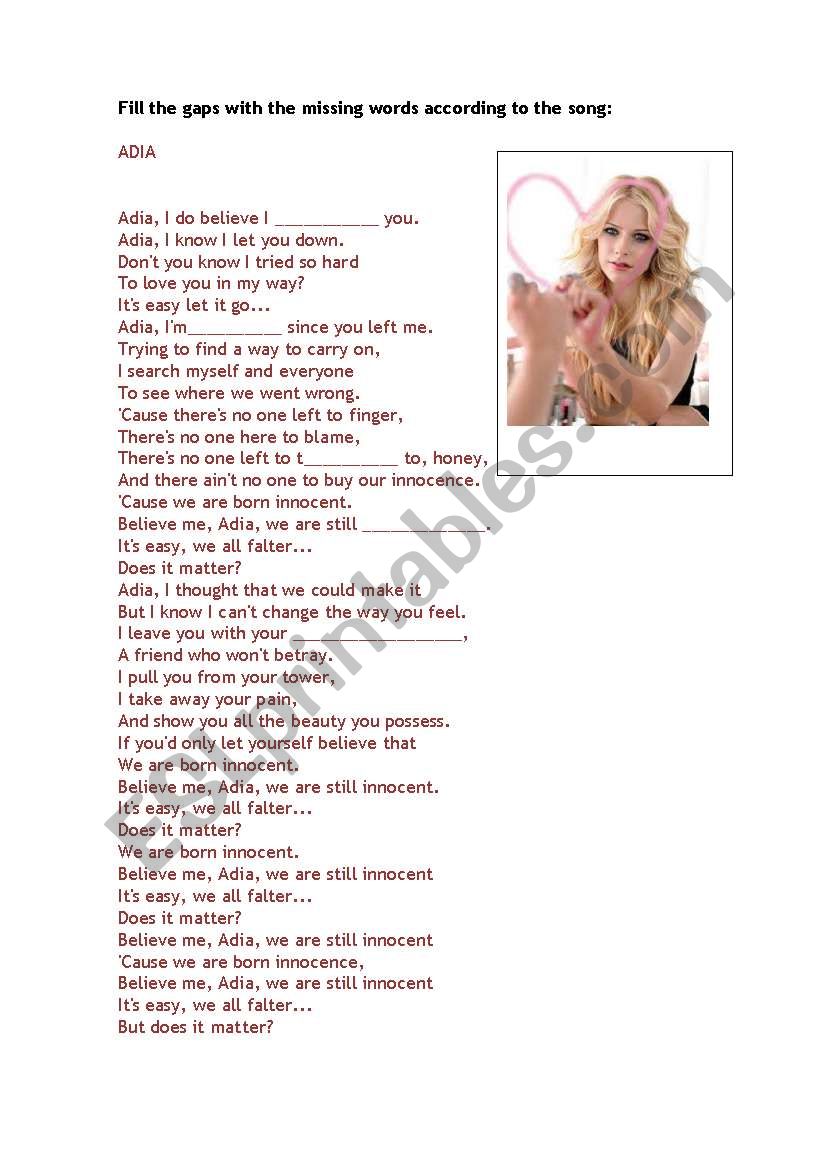 Adia by Avril Lavigne worksheet