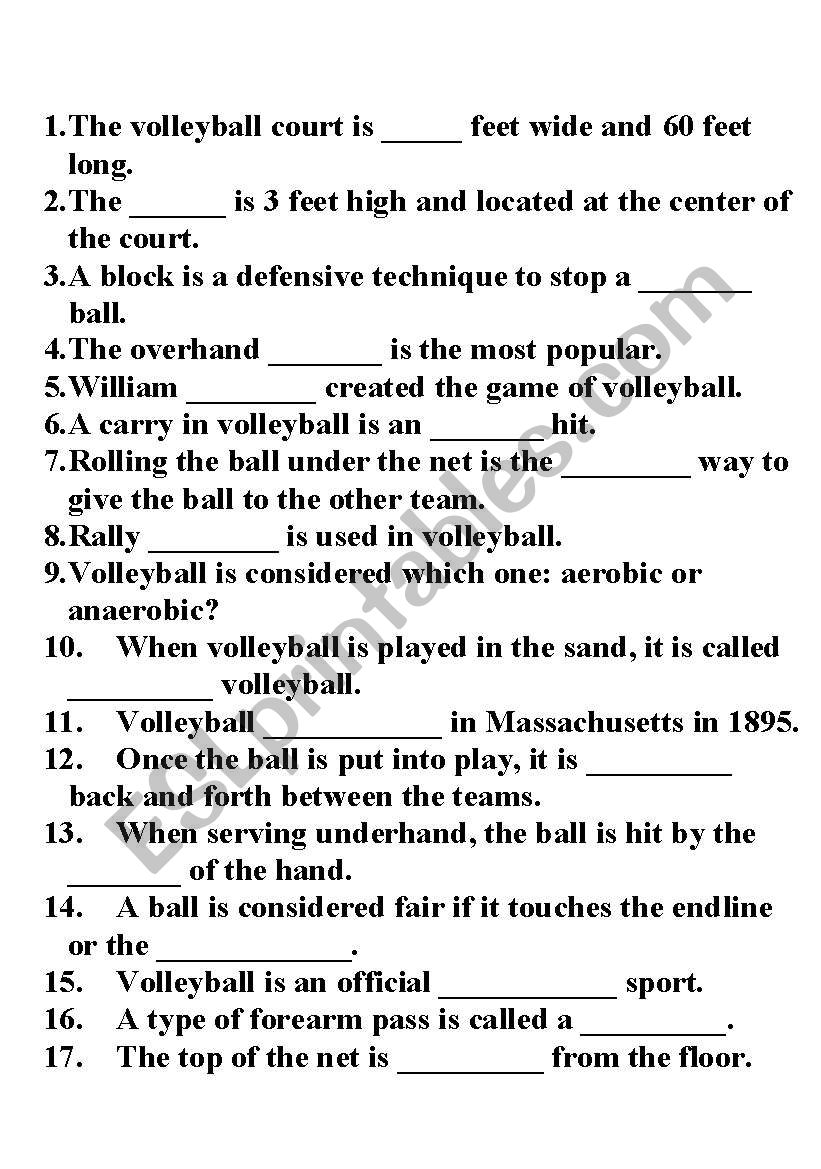 Volleyball Fill In The Blanks worksheet