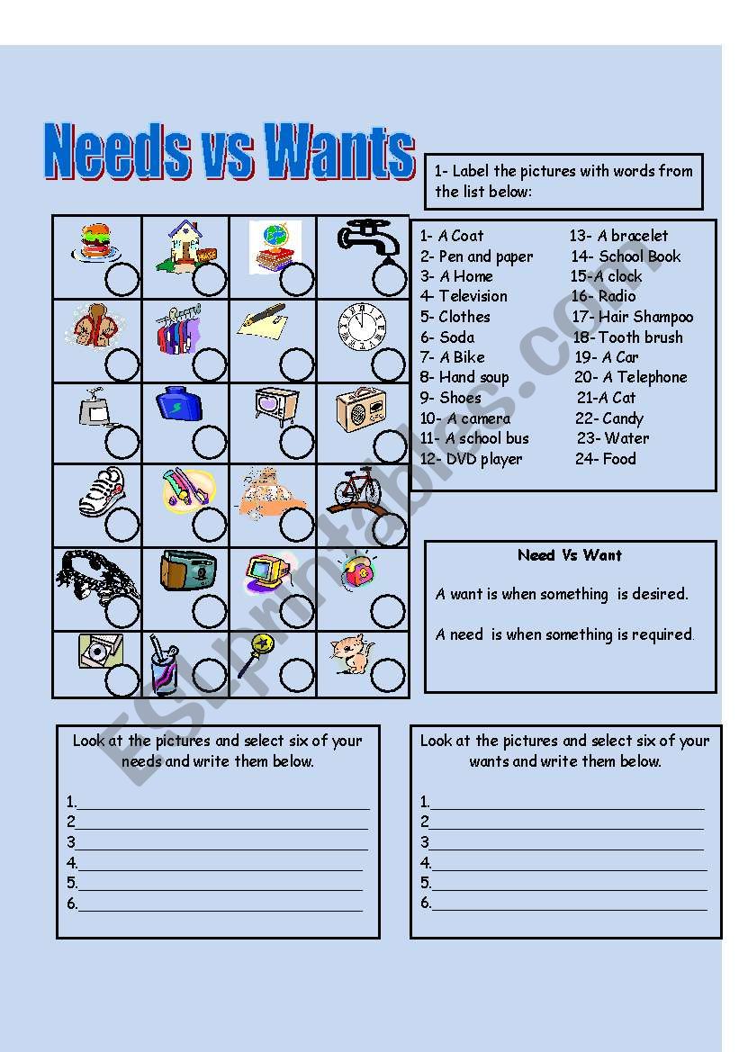 Needs vs Wants ESL worksheet by jij3808