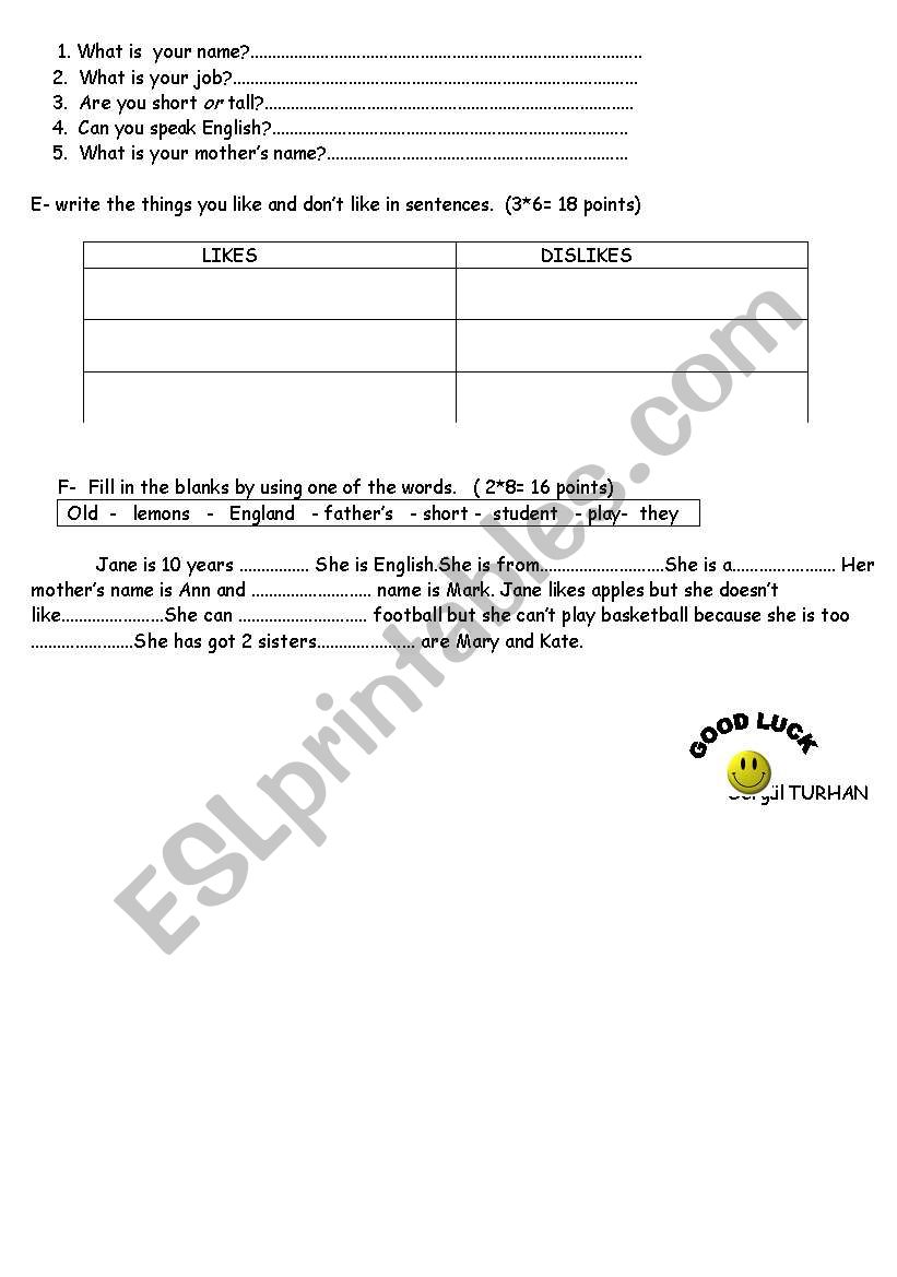 english worksheets easy quiz