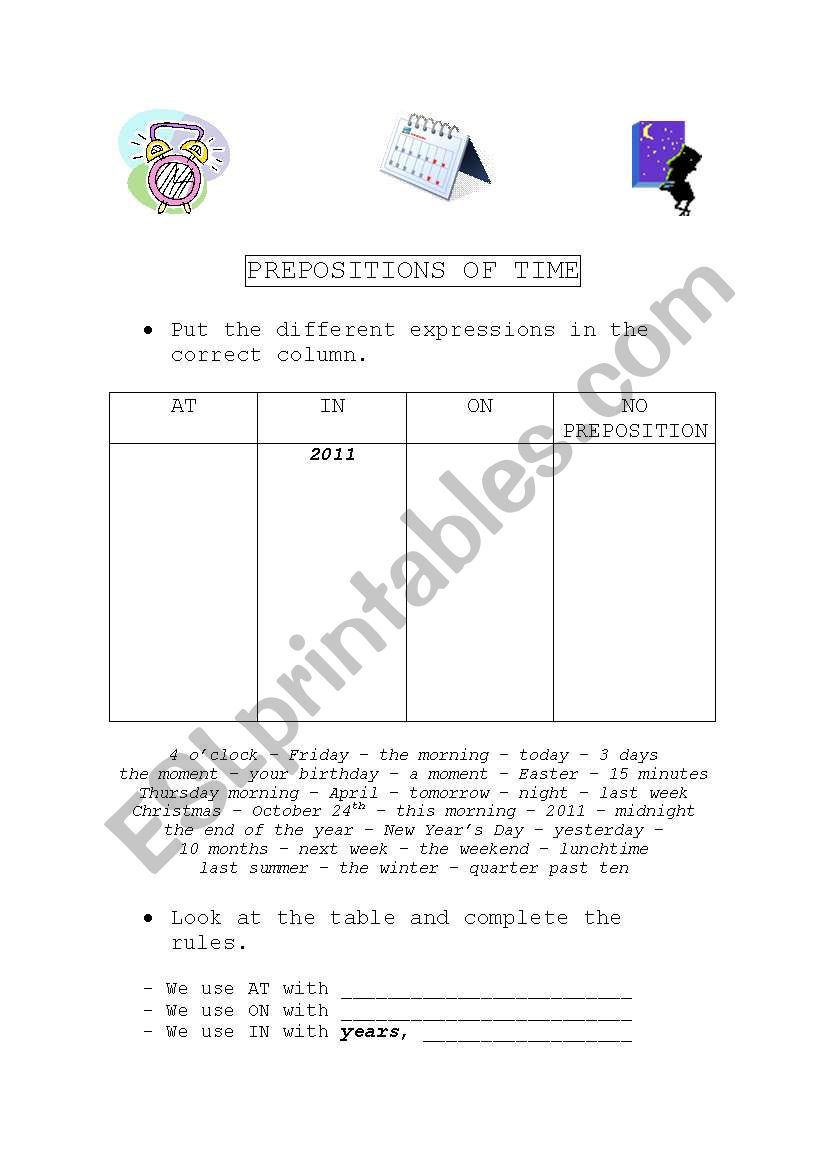 PREPOSITIONS OF TIME worksheet