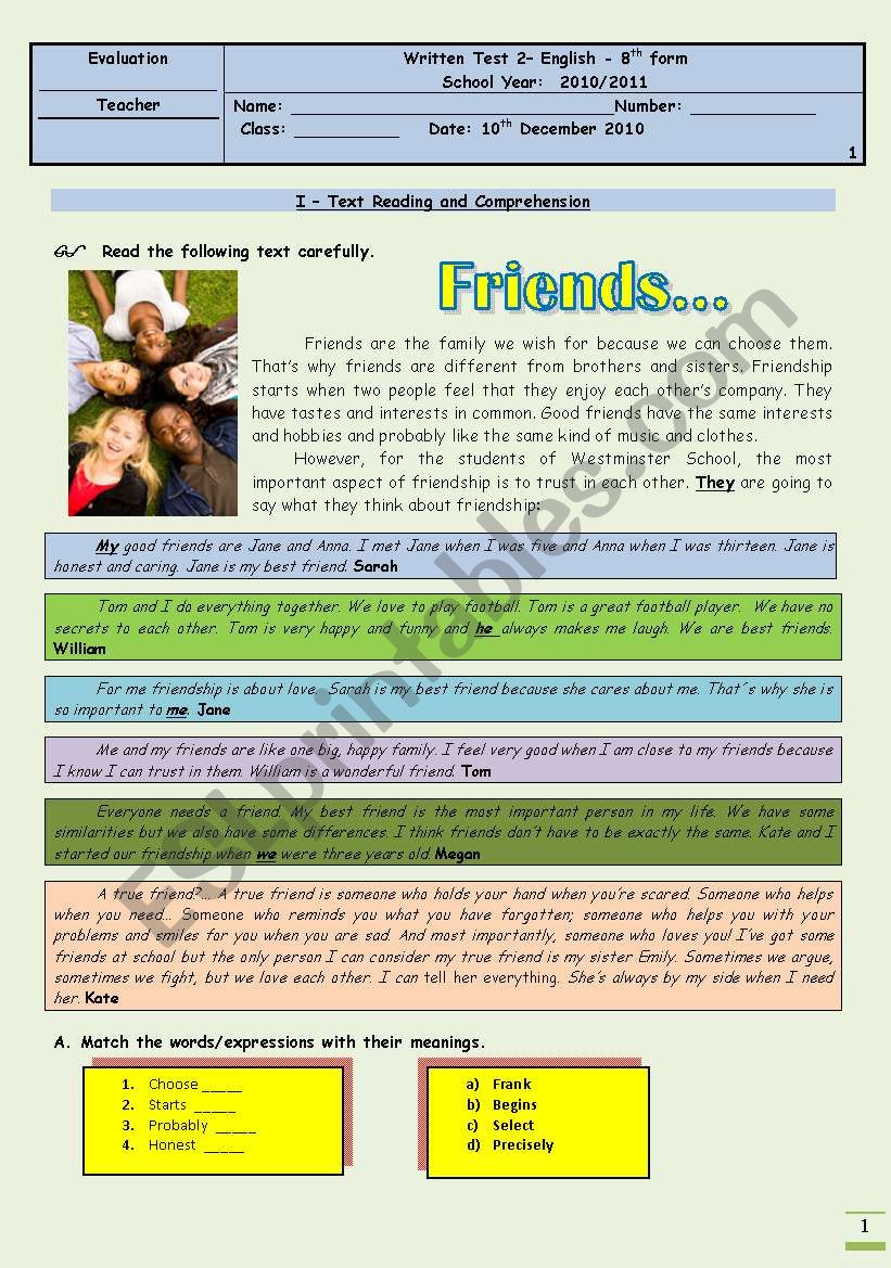 test -friends- version 1 worksheet