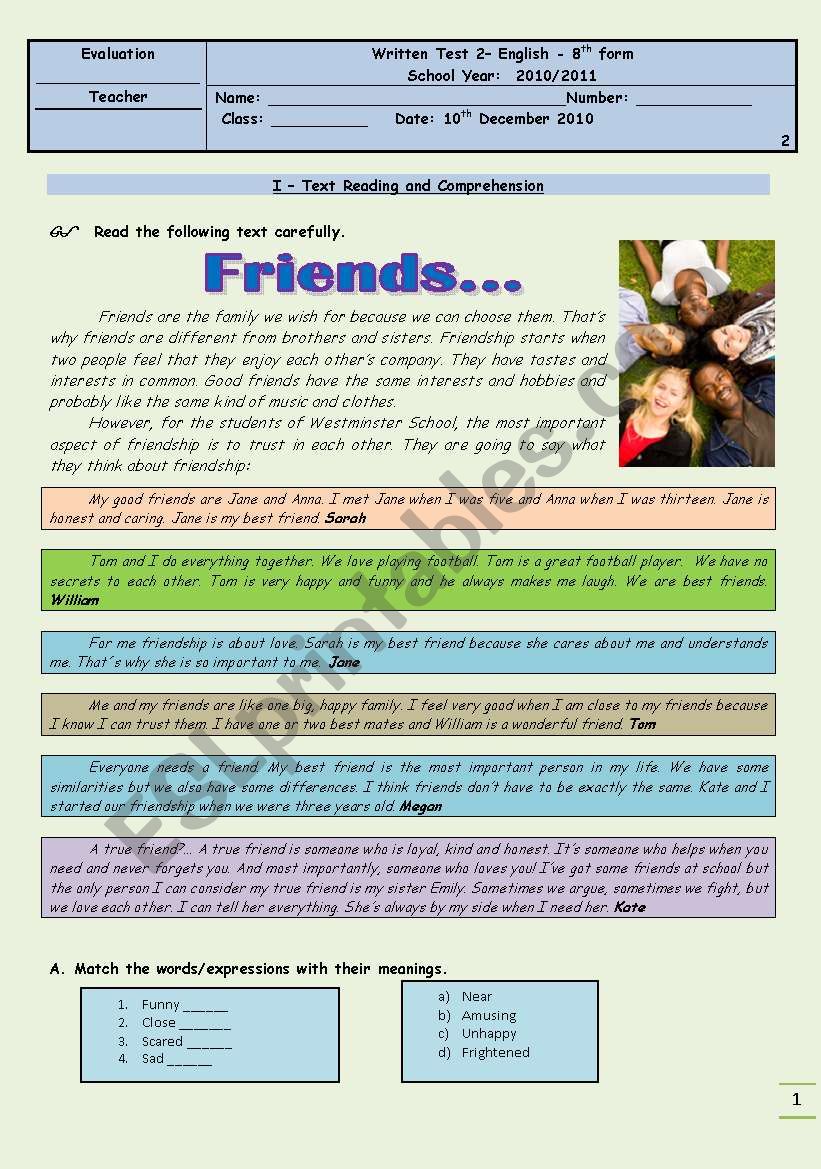 Test - friends - version 2 worksheet