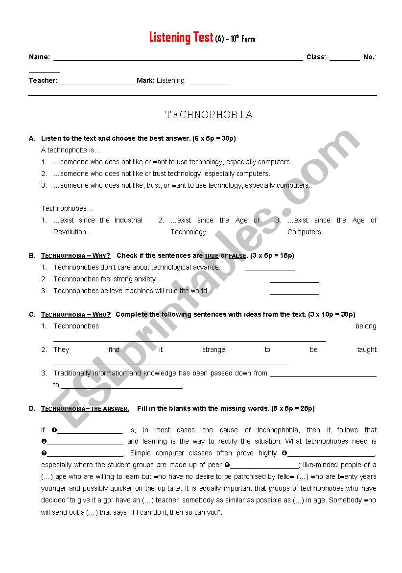 Technophobia - Listening Test worksheet