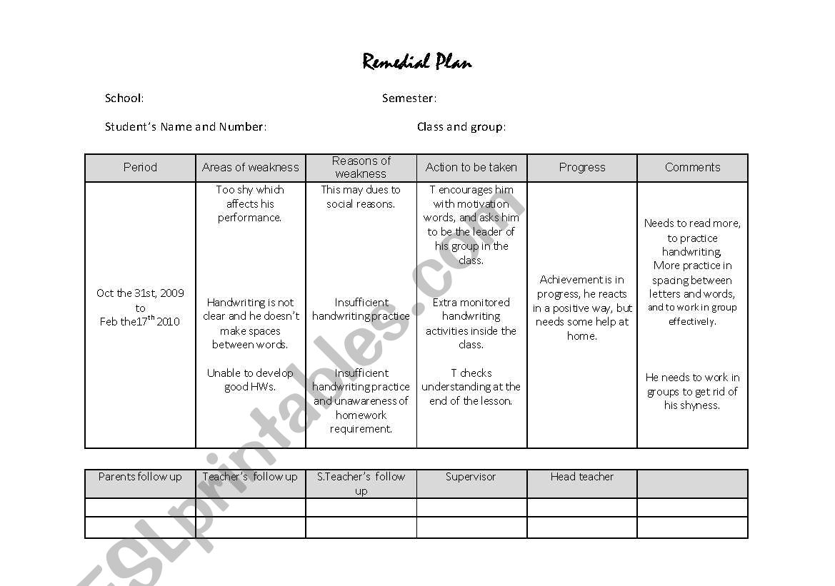Remedial Plan worksheet