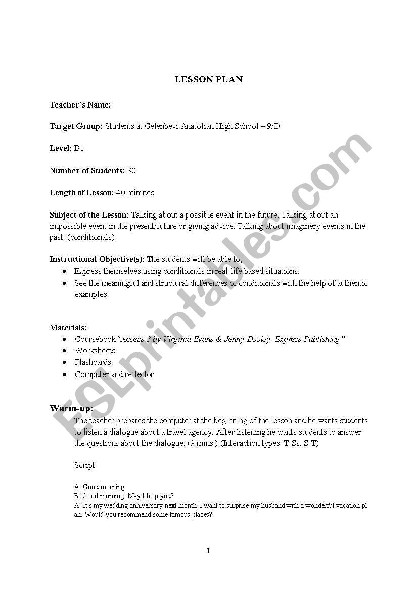 lesson plan-11-Talking about a possible event in the future. Talking about an impossible event in the present/future or giving advice. Talking about imaginery events in the past. (conditionals)