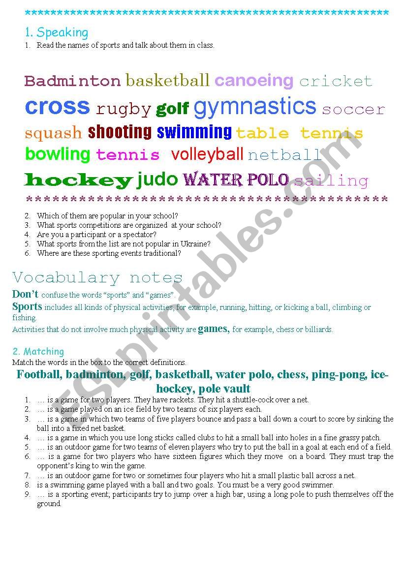 Sports worksheet