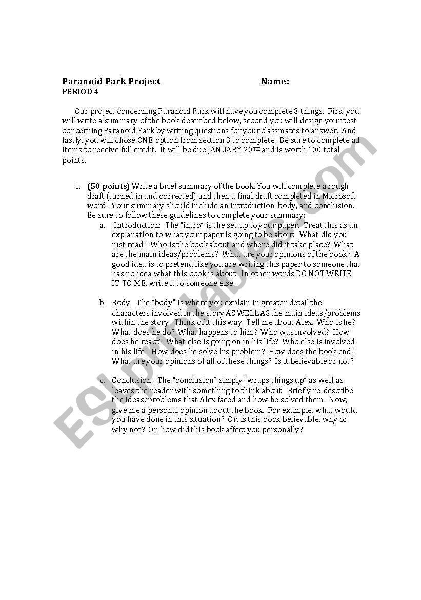 Paranoid Park Wriring Project worksheet