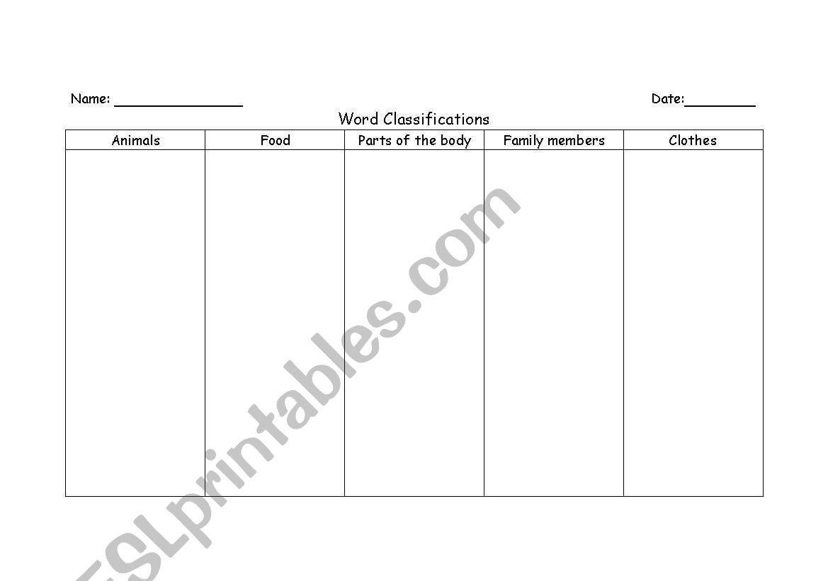 word classification worksheet