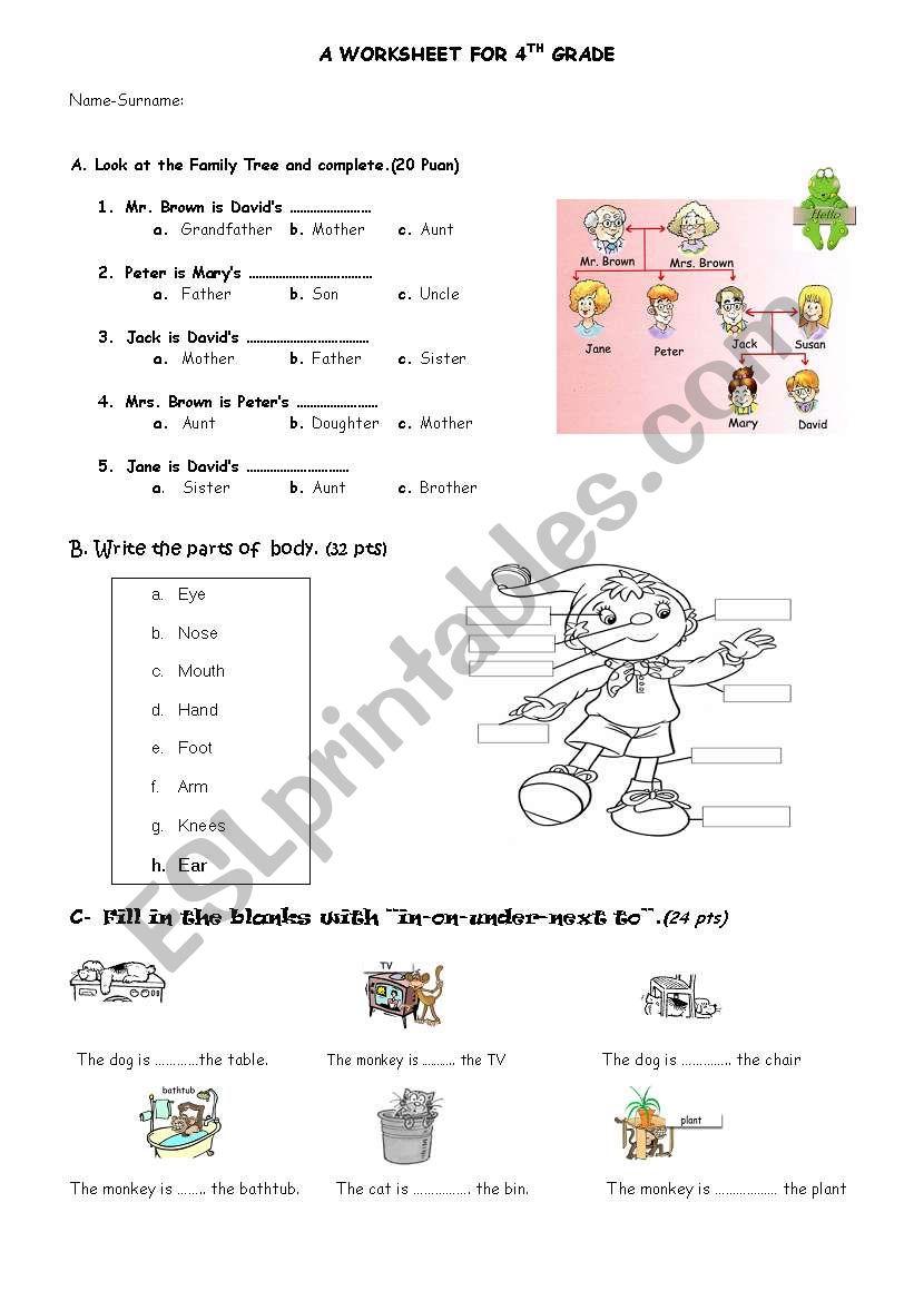 PARTS OF BODY-PREPOSITIONS-FAMILY MEMBERS WORKSHEET