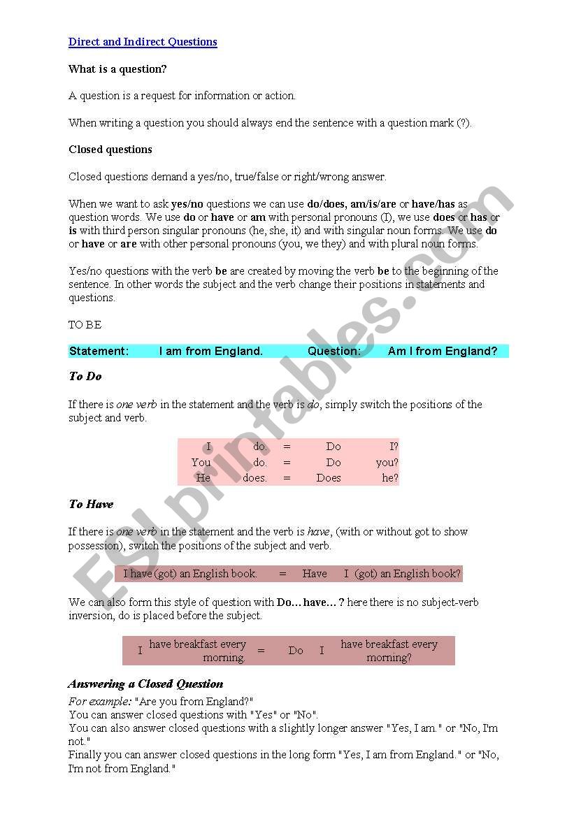Indirect and direct questions worksheet