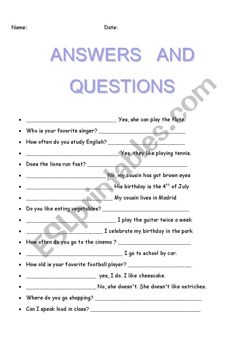 Questions and answers worksheet