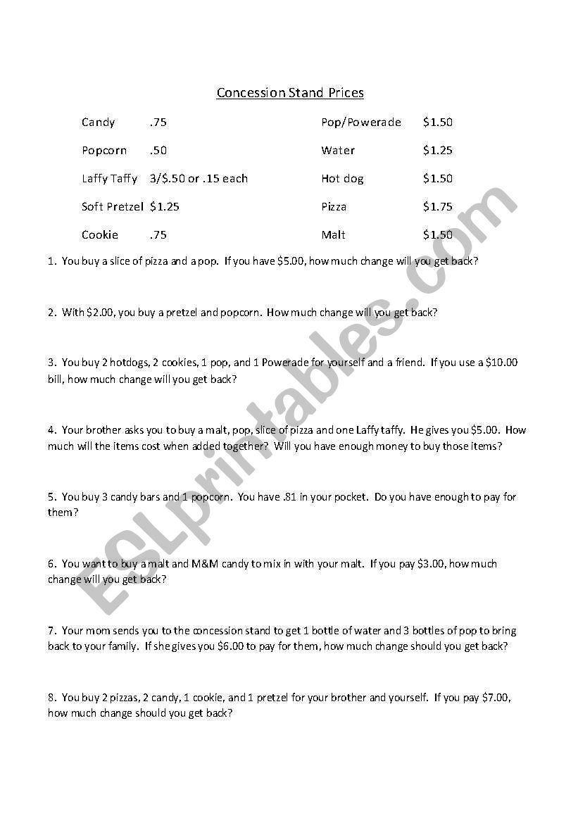 Concession stand math (life skills money -- practice making change)