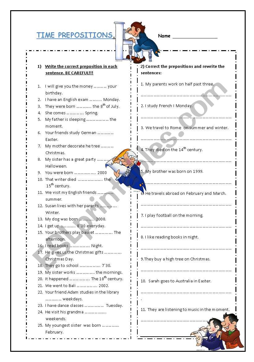 Time prepositions worksheet