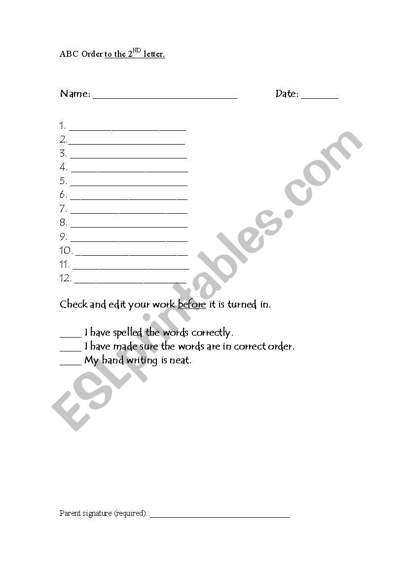ABC order to the 2nd letter worksheet