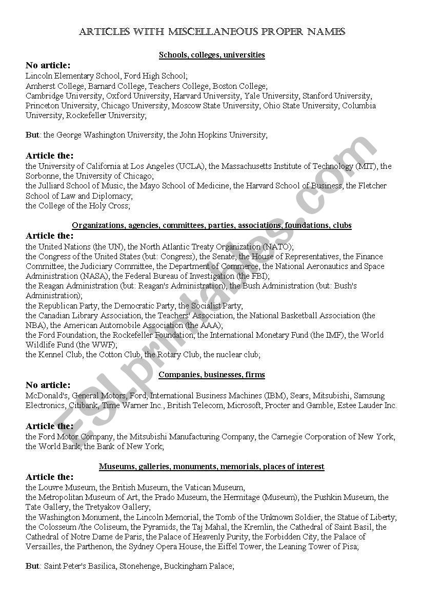 articles with proper names worksheet