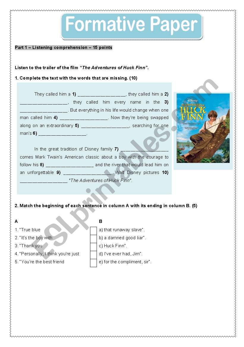 The adventures of Huck Finn worksheet