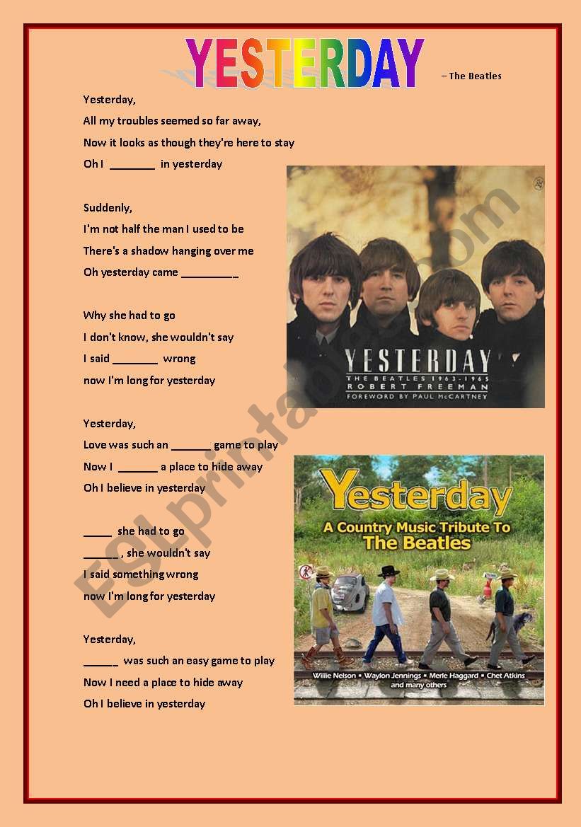 PAST SIMPLE YESTERDAY SONG worksheet