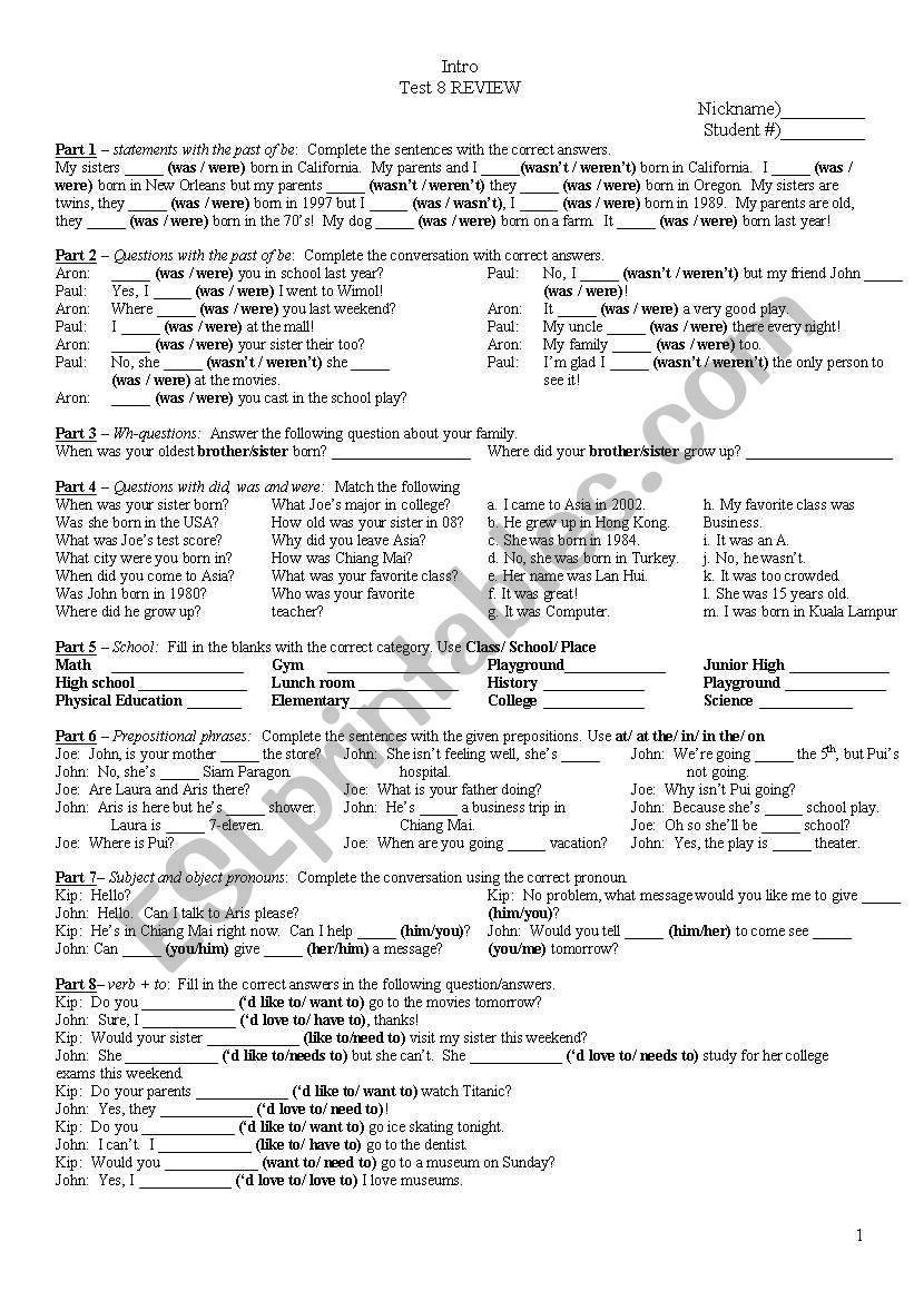 Test 8 Review worksheet